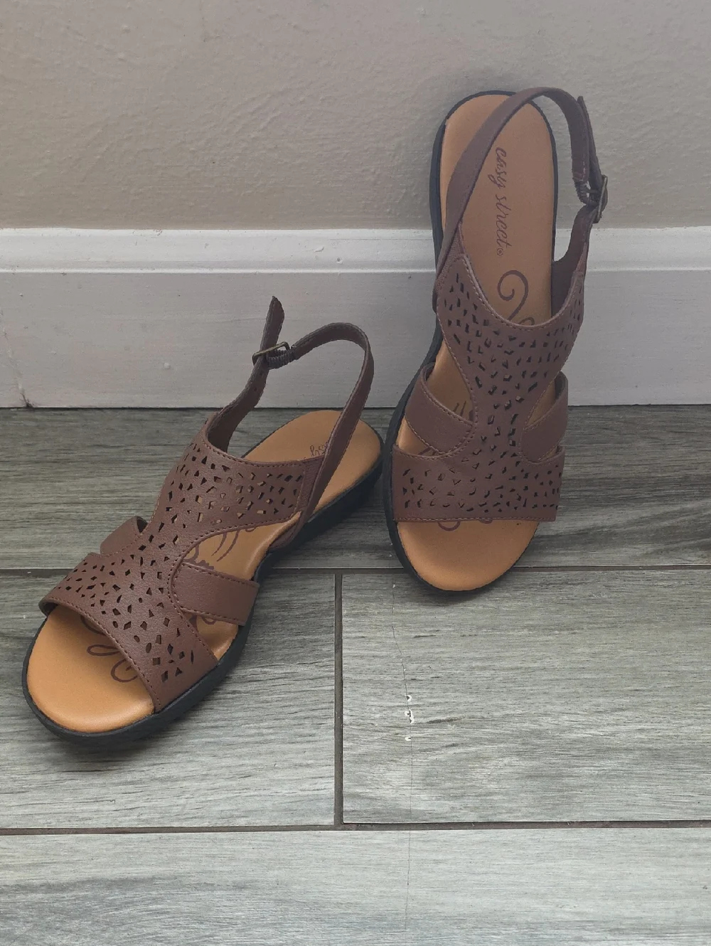 easy street Brown Laser-Cut Slingback Sandals - Picture 1 of 9
